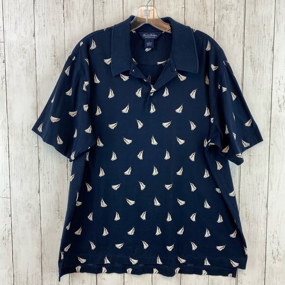 Brooks Brothers Sailboat Print Polo Shirt Navy Mercerized Cotton Men Size Large - Picture 1 of 10